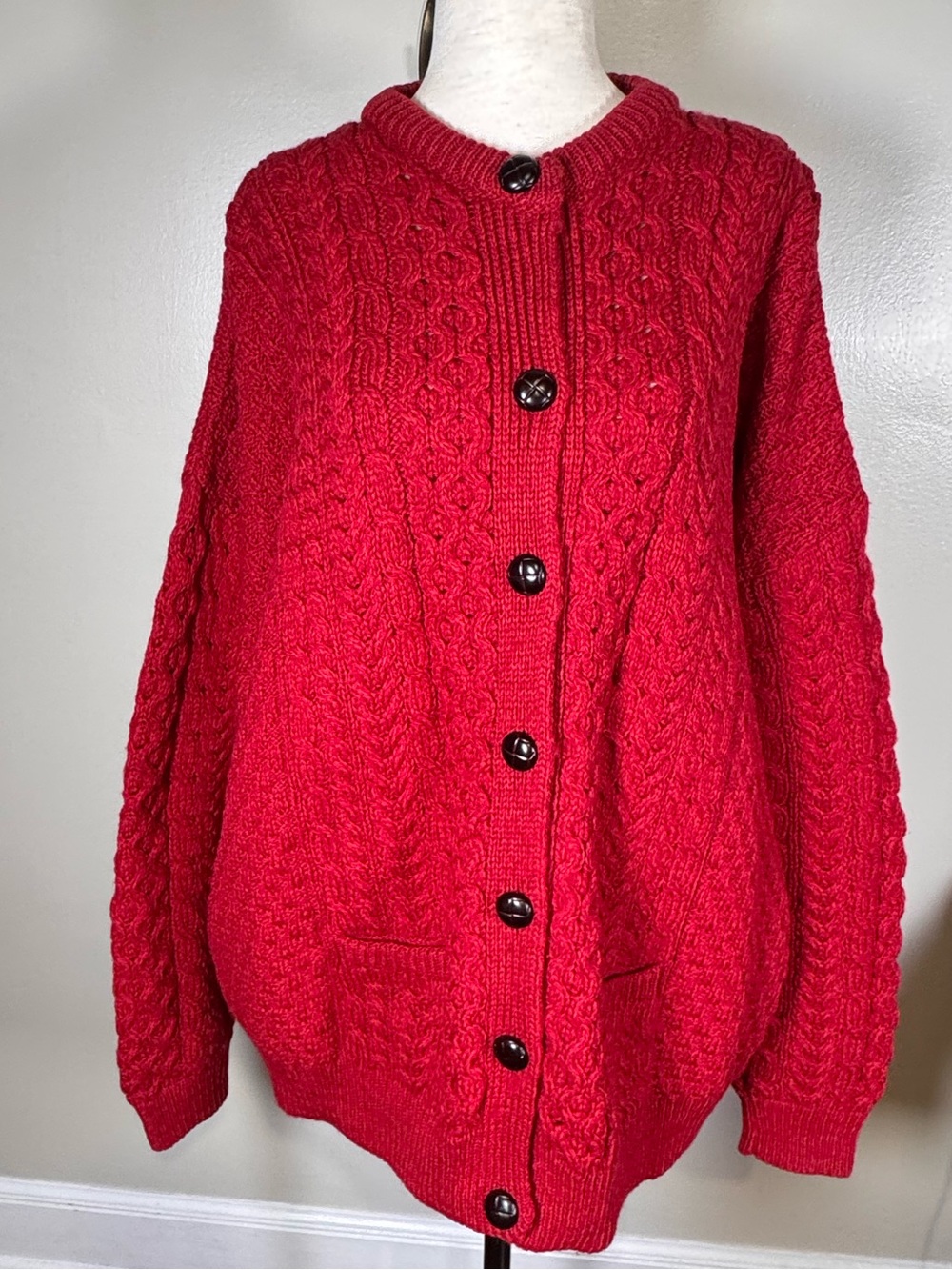 Aran Woollen Mills Plus Size 2X Red Cable Knit 100% Merino Wool Irish Cardigan